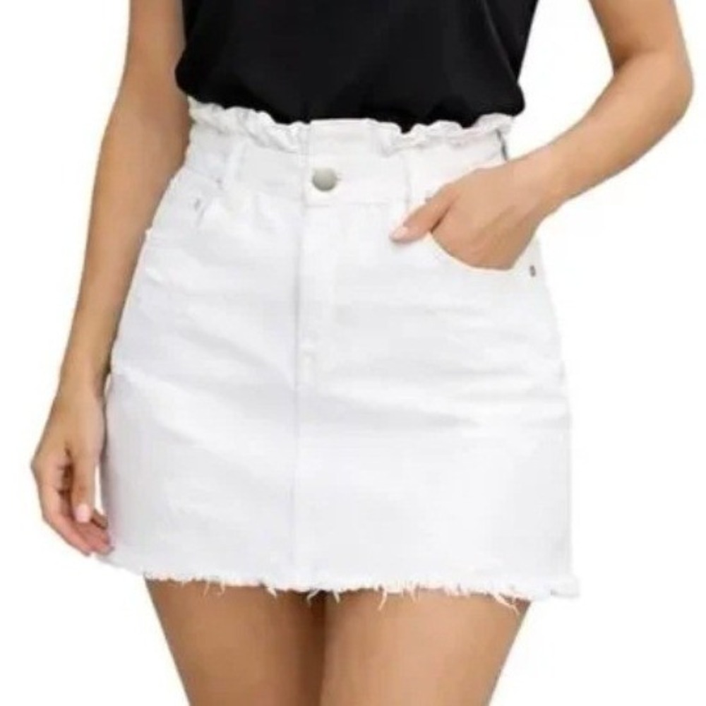 NEW Hayden LA Distressed Denim Paperbag Mini Skirt White Medium